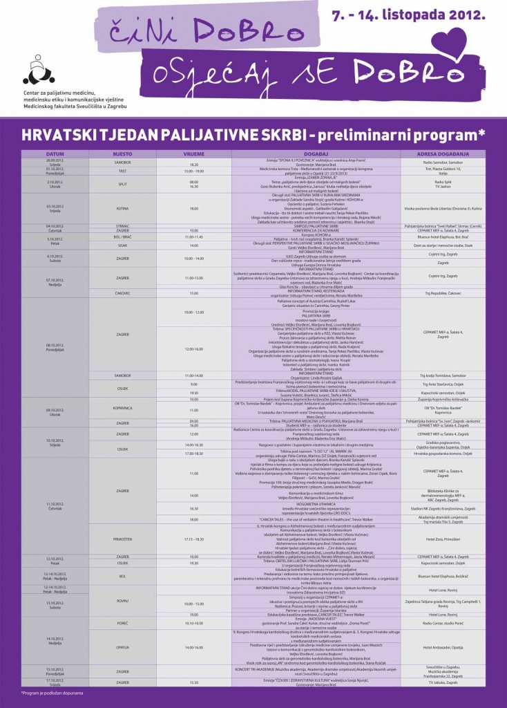 Raspored događanja tijekom Hrvatskog tjedna palijativne skrbi